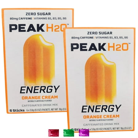 Peak H20 Orange Cream Energy Drink Mix 2 Boxes 12 Total Servings, Zero Sugar Low Calorie Caffeinated Beverage Packets for Sports Gym Workout with Snoep in Beperkte Oplage