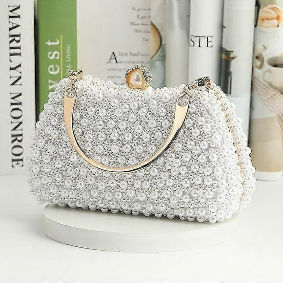 Women Pearl Evening Bag Bride Beaded Clutch Purse Cream White For Wedding PartyWhite