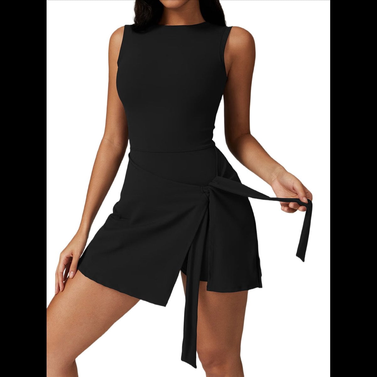 Womens High Neck Tennis Dress Sleeveless Wrap Skirt Built in Shorts Golf Athletic Dress Workout Rompers Advanced Black L