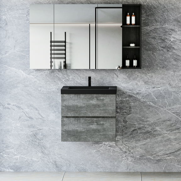 Bathroom Vanity With Sink 24". Grey Cabinet Quartz Sand Top. Easy Assembly, 24" Storage - Sink. Modern Design Basin For Hygienic Bathroom. Soft Close Drawers Quiet Operation. Organization. To