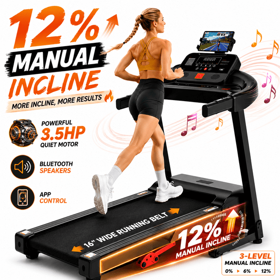 3.5HP Compact Folding Treadmill with 12% Manual Incline, 71 Programs, App Connectivity, Shock Absorbing Belt, Hydraulic Foldable Running Machine for Apartment, Indoor Walking & Jogging Home Fitness