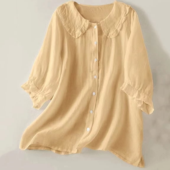 Chbgutlmr Button down Shirts for Women 3/4 Sleeve Turn down Collar Ruffled T-Shirts Casual Loose Summer Comfy Lightweight Tops