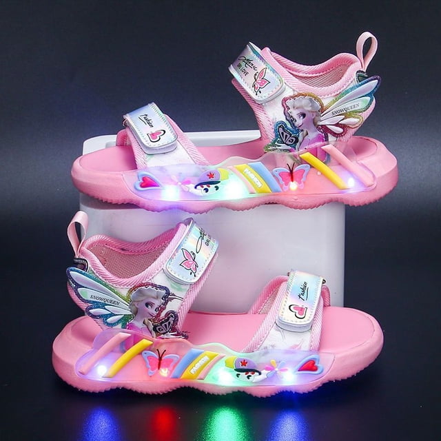Zapatos para niños de Disney, novedad de verano, sandalias de playa de malla para niñas elsa, luz led a la moda, sandalias de luz de fondo suave de princesa congelada, plantilla de 16 CM Gao Jinjia LED