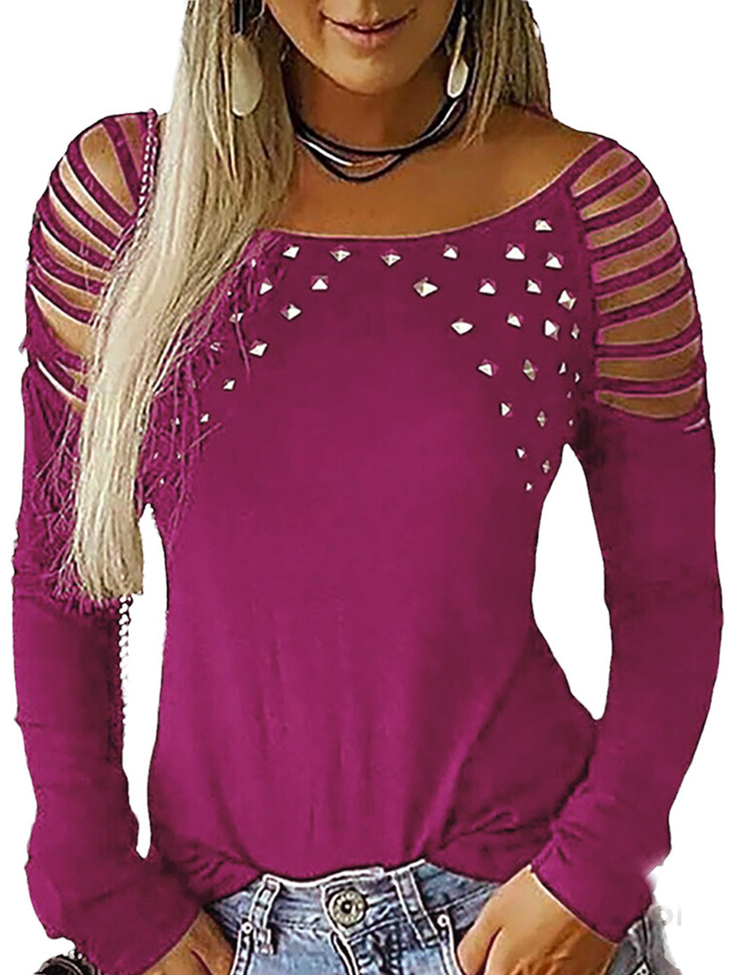 LAPA Women Long Sleeve Tops Cold Shoulder Rivet Tunic T Shirt Blouse ...