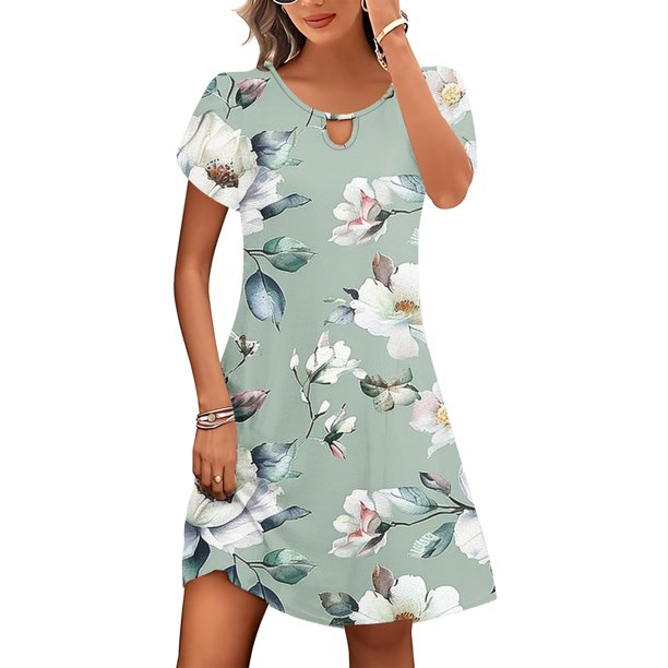 Puntoco Vestido De Cuello Redondo De Manga Corta Suelto Informal Con Estampado Botánico De Verano Para Mujer Verde Menta S,Regalos Para Mujer Joven