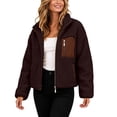 thumbnail image 2 of Karymi Womens Tops Stand Collar Full Zip Fleece Jacket, Color Block Contrast Pocket Long Sleeve Warm Coat with Side Pockets for Fall Winter Blouses for Women, 2 of 9