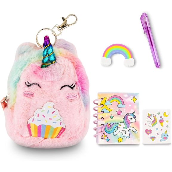 VOTUM Unicorn Keychain Charm for Backpacks, Purses, Handbags, Car Keys with Stationery Set - Includes Mini Notebook, Gel Pen, Eraser, Stickers - Portable & Fun Gift for Tweens Ages 8