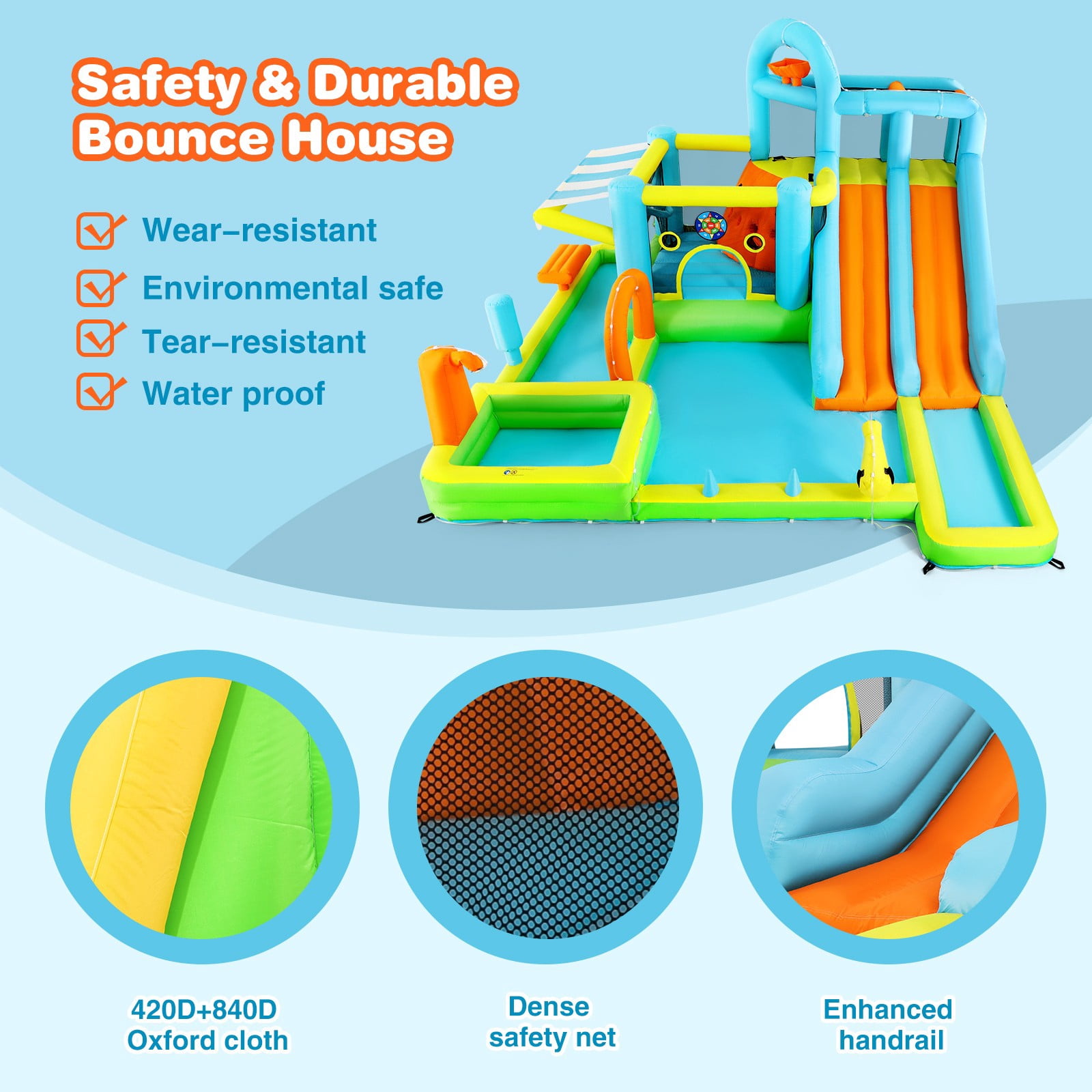 JOYLDIAS Kids Inflatable Water Slides Giant Park Bounce House Castle with Trampoline, Ring Toss Game, Splash Area, Climbing Wall, Basketball Hoop, Water Guns, Felt Ball Target, Air Blower