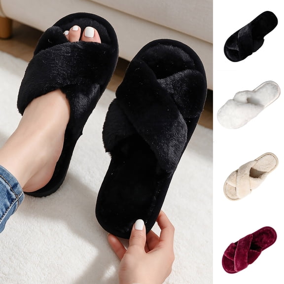 Women Cross‑Strap Fuzzy Plush Slide Slippers, Soft Open‑Toe House Slipper, Warm Non‑Slip Indoor Home Shoes