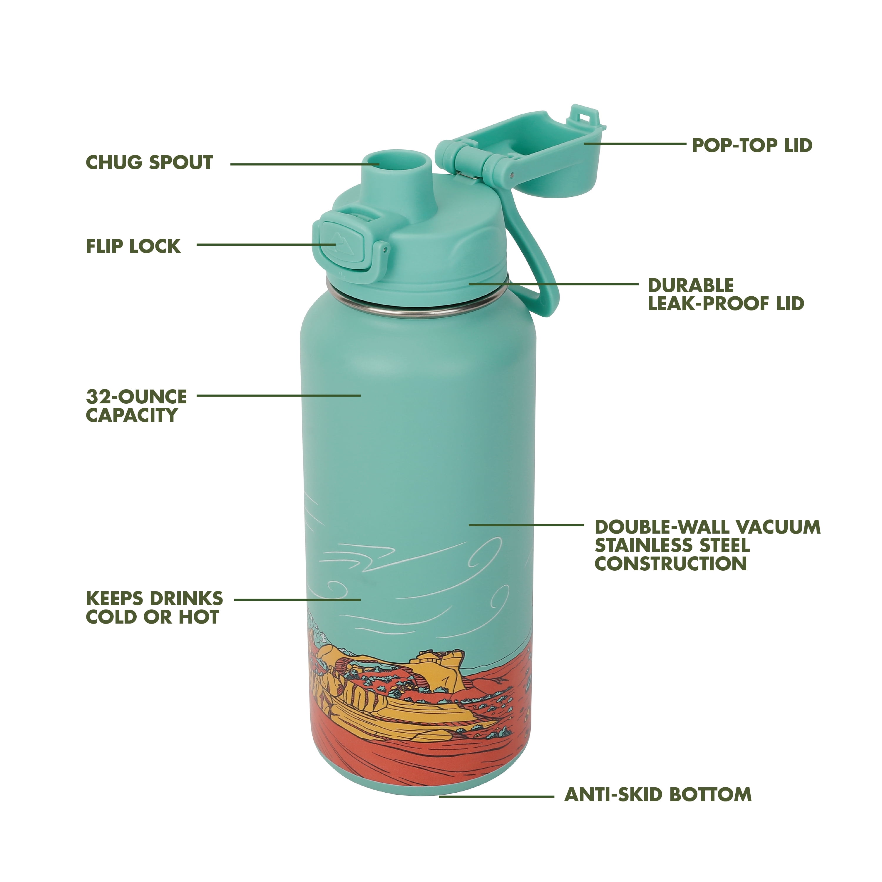 Ozark Trail 32 oz Stainless Steel Pop-Lid Insulated Water Bottle, Sandstone Sky