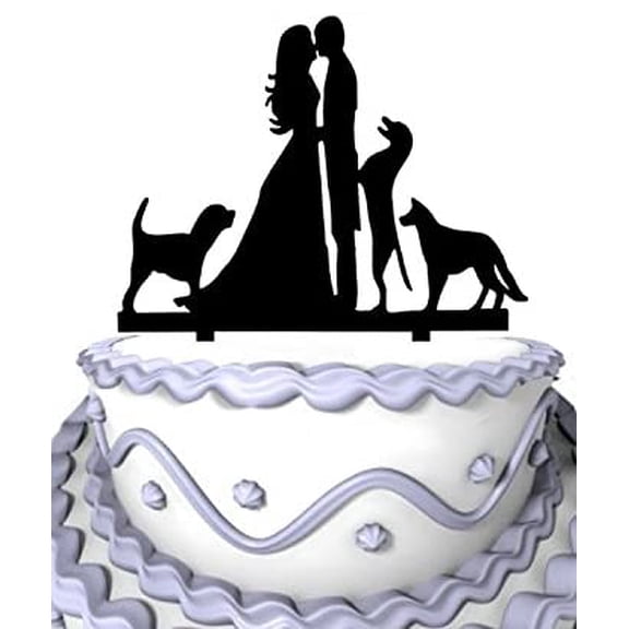 Wedding Cake Topper Groom and Bride Kissing with Three Dogs Silhouette Cake Topper
