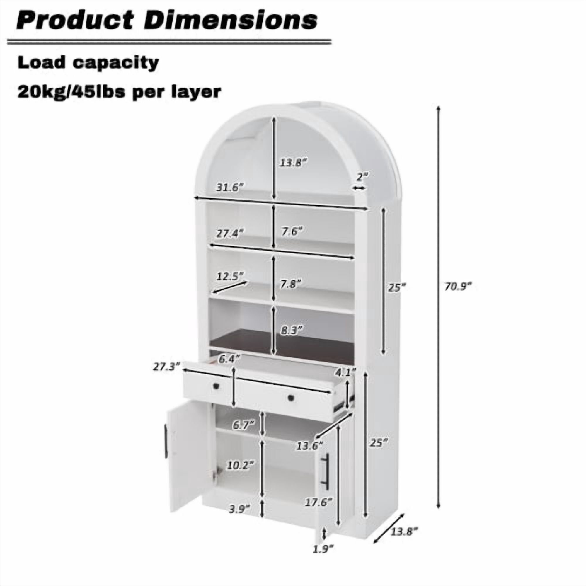 70.90"H Arched Bookshelf with Storage Cabinet, Tall Display Bookcase with Doors, Drawer & Adjustable Shelves, Freestanding Pantry Cabinet for Living Room, Home Office, Bathroom, White