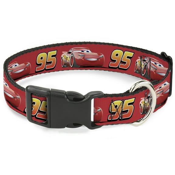 Disney Pet Collar, Dog Collar Plastic Buckle, Cars Lightning McQueen Smiling Pose 95 Reds White Orange, 7 to 8.5 Inches 0.5 Inch Wide