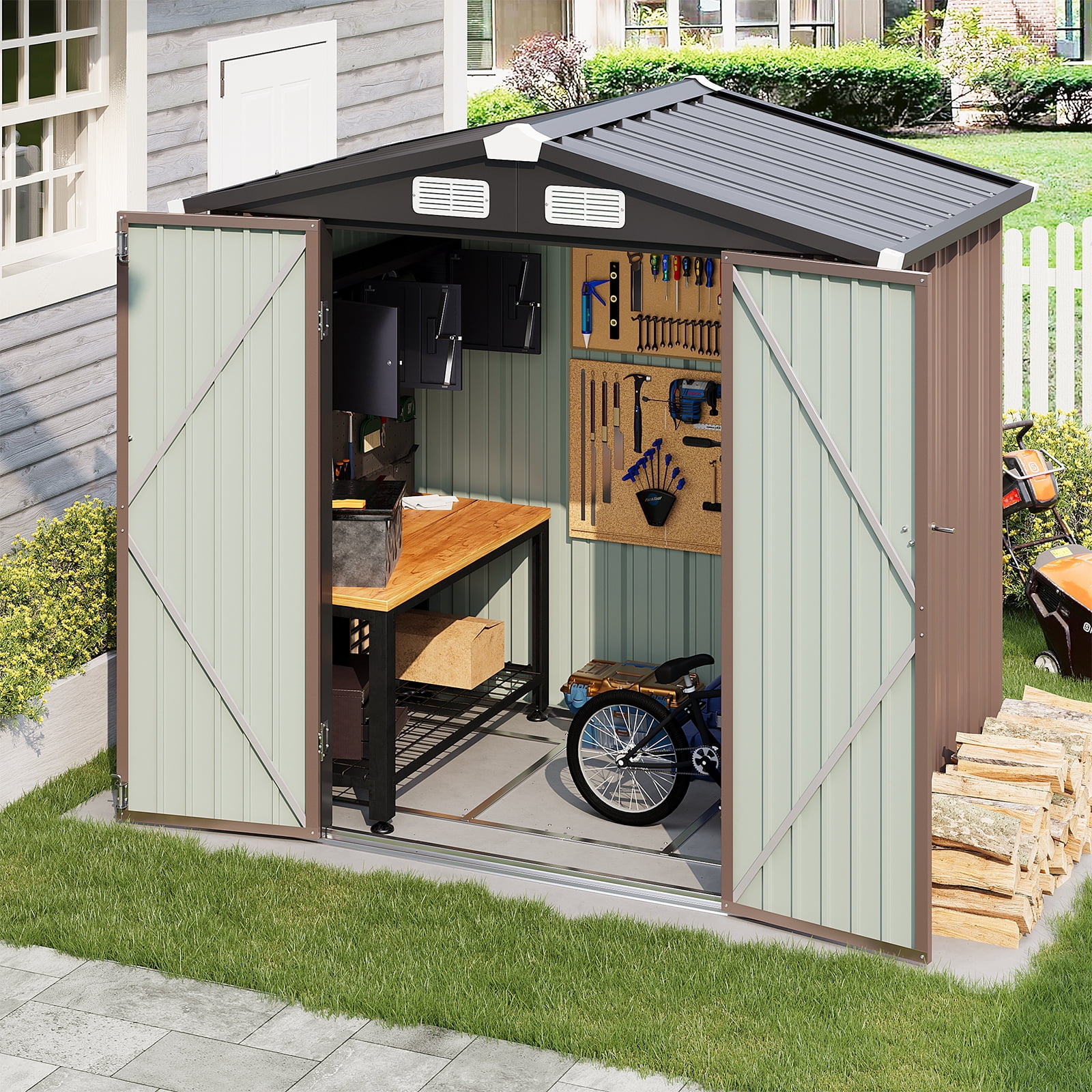 BaPiPro 6x4 ft Outdoor Storage Shed with Base, Metal Tool Shed with Lockable, Waterproof, Brown