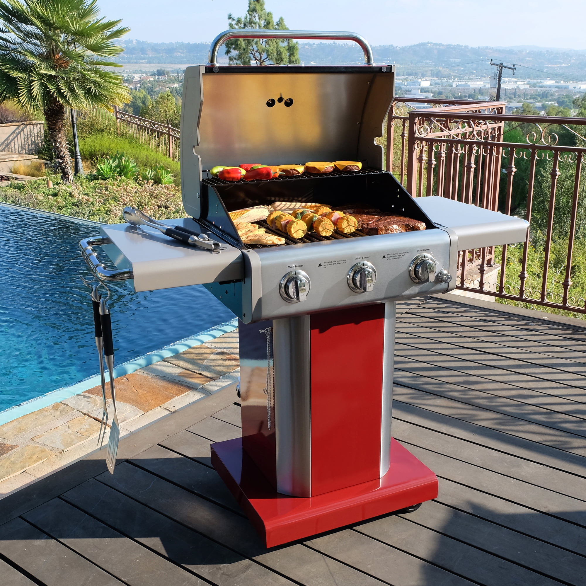 Kenmore 3-Burner Gas Grill, Outdoor BBQ Grill, Propane Grill with Foldable Side Tables, Red