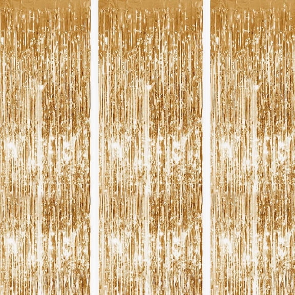 3.3 ft x 9.8 ft Metallic Tinsel Foil Fringe Curtains,Pack of 3 Party Streamer Backdrop for Birthday,Graduation Decorations and New Year Eve (Gold)