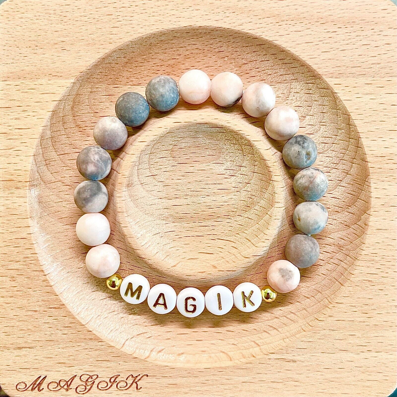 Magik Personalized Custom Name Bracelet Initials Letter Bead Beaded Stretch  Mama Bracelets Alphabet Energy Stone Agate Howlite Holiday Special Gifts
