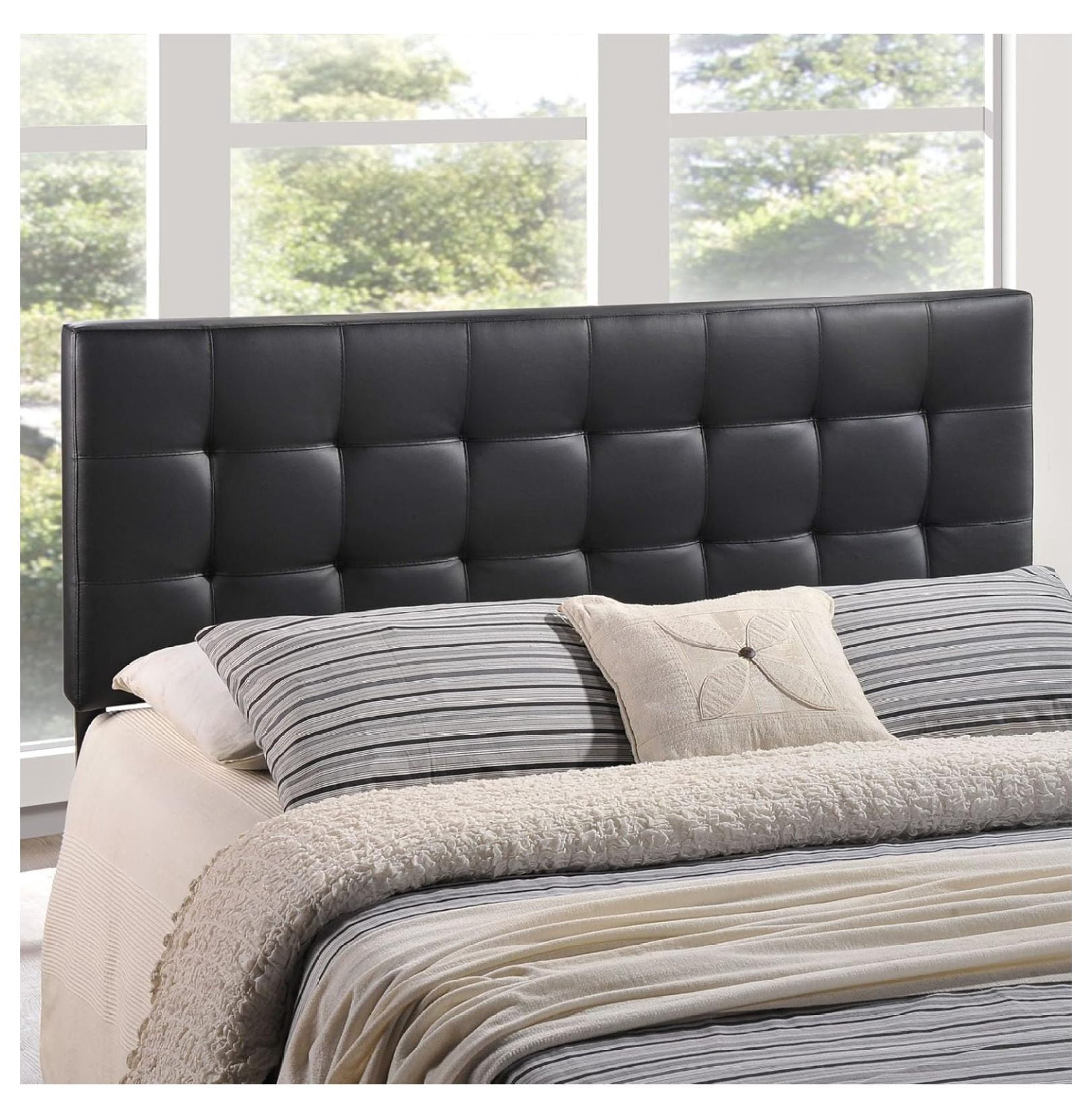 Lily Tufted Faux Leather Upholstered Queen Headboard in Black