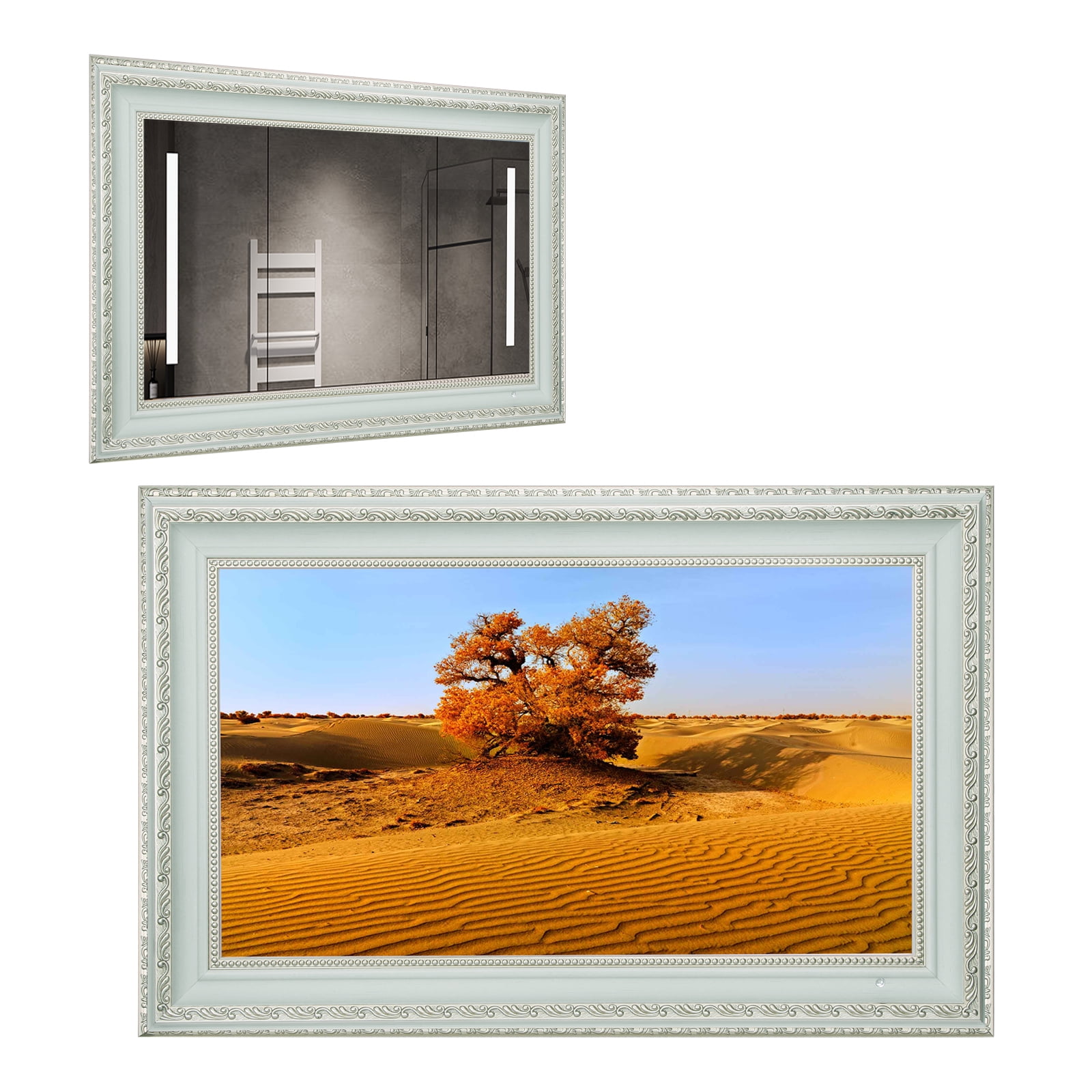 Elecsung 22 inches Smart webOS Mirror TV with Antique White Decor Frame Kitchen Bathroom Smart Gallery Built-in WiFi Bluetooth