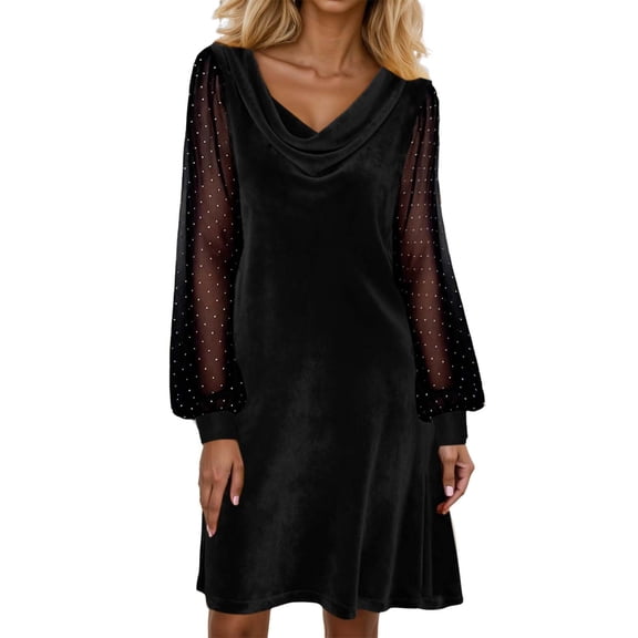 DHFJKG Women Dresses Cowl Neck Solid Color Velvet Mini Dress Mesh Sheer Long Sleeve Soft Tunic Trendy Dresses