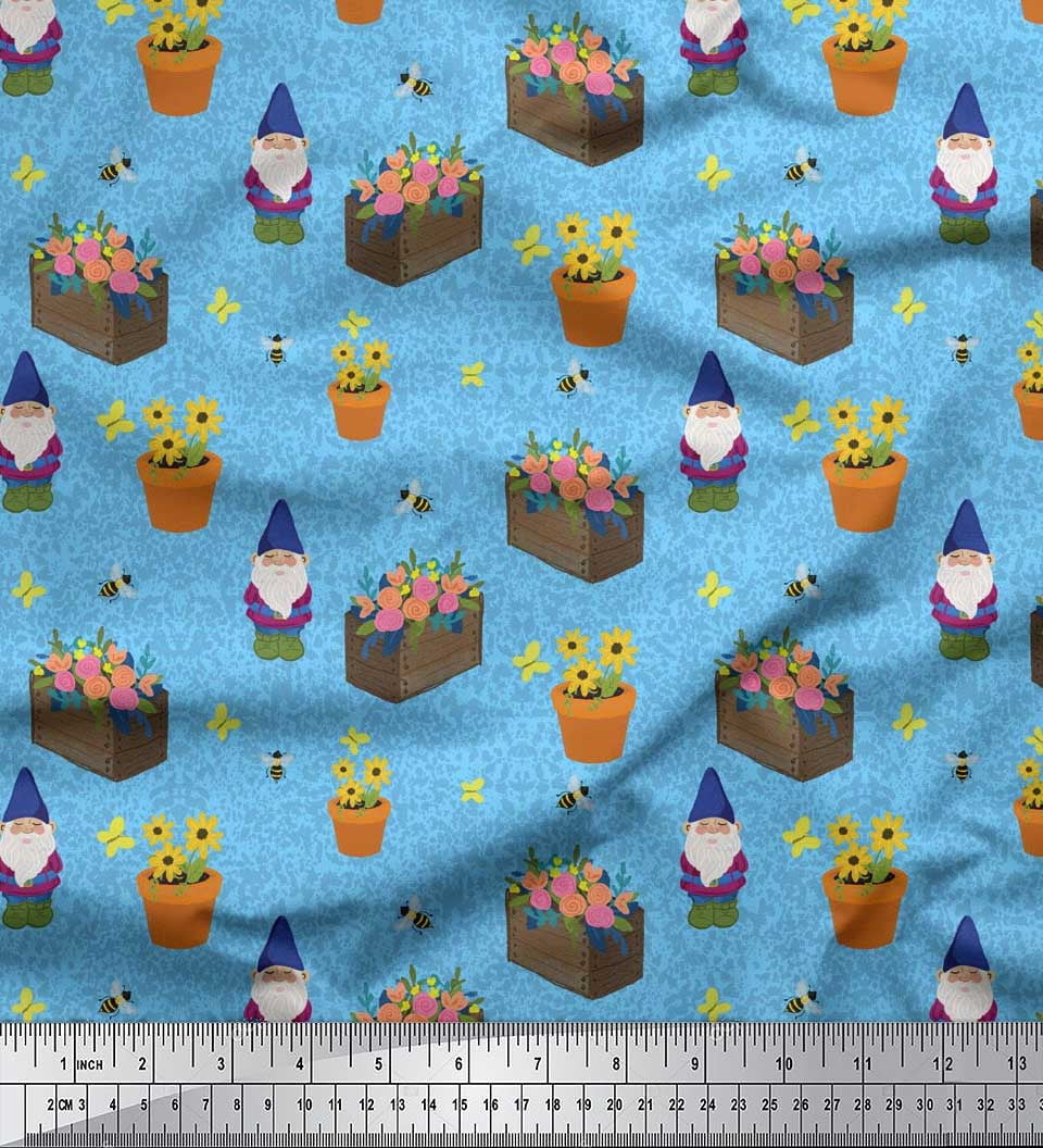 Soimoi Blue Rayon Crepe Fabric Pot,Flower Bunch & Santa Christmas Print Fabric by Yard 46 Inch Wide