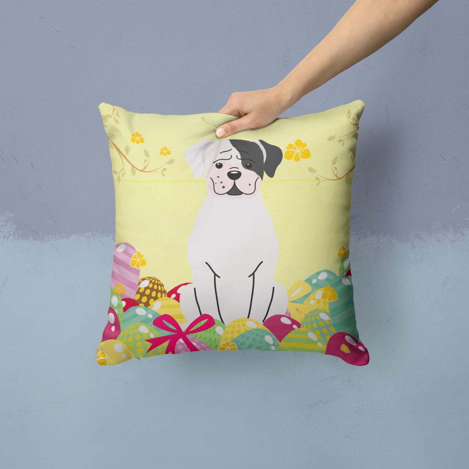 Carolines Treasures BB6114PW1414 Easter Eggs White Boxer Cooper Fabric Decorative Pillow
