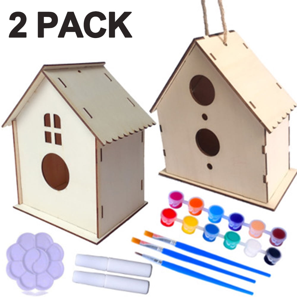 2 Pack DIY Bird House Painting Kit Building Birdhouse Paints Brushes Wooden Art 