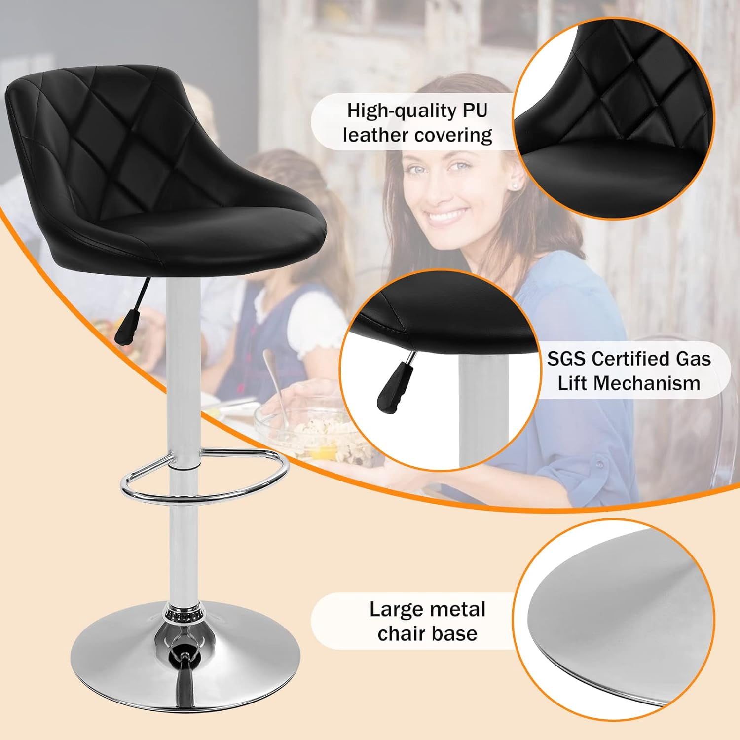 Modern Bar Stools Set of 2 Counter Height Adjustable Bar Chairs with Back and Chrome Base PU Leather Barstools Island Chairs for Kitchen Living Room Pub Swivel Bar Stools (Black)