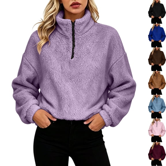 Womens Fuzzy Fleece Quarter Zip Sweatshirt Oversized Long Sleeve Pullover Cozy Sherpa Sweater with Pockets for Fall Winter Lounge Wear, Purple, XL