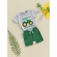 thumbnail image 2 of Suealasg Toddler Boy Farm Clothes Short Sleeve Round Neck Tractor Letter Print Tops Elastic Waist Shorts Set 6M 1T 2T 3T 4T Kids Baby Boy 2Pcs Summer Outfit, 2 of 6