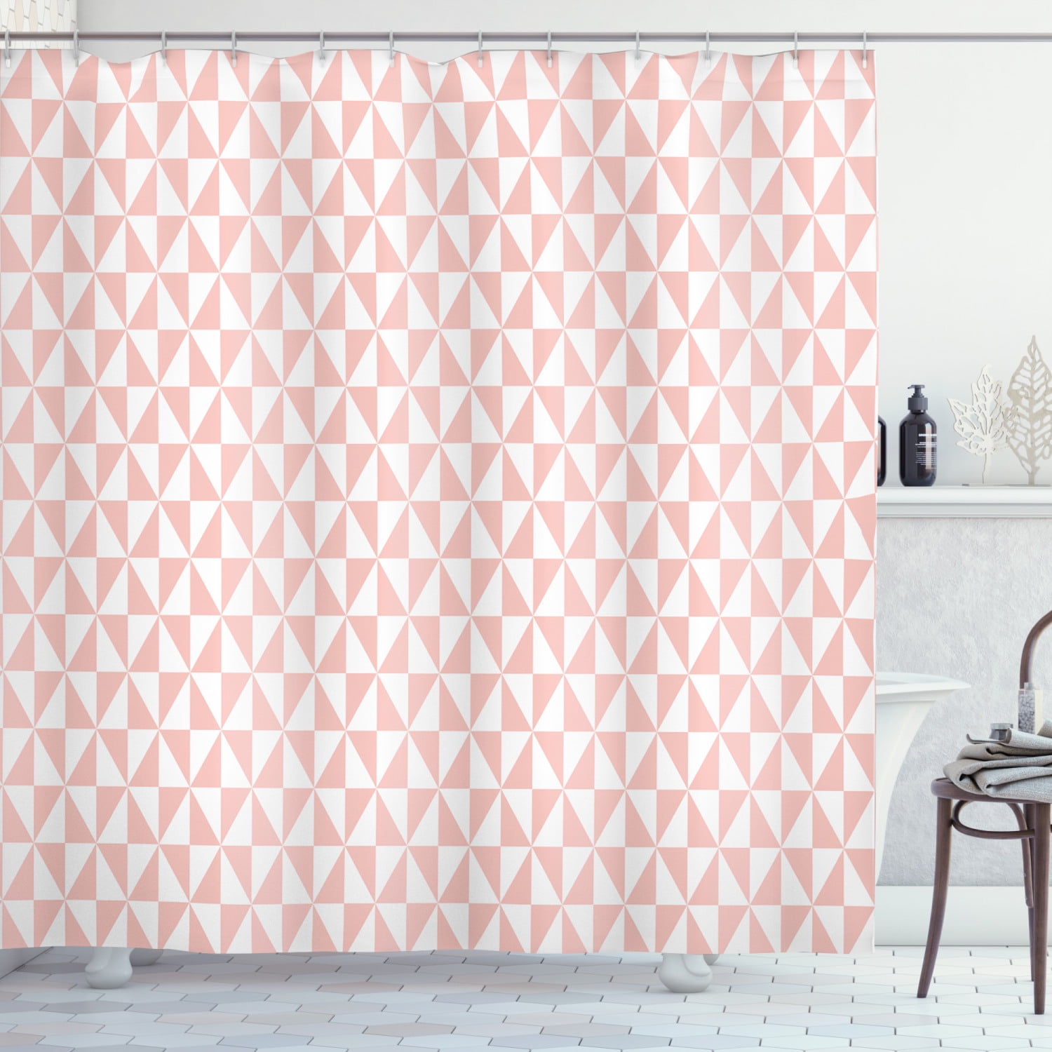 Pale Pink Shower Curtain, Bicolor Triangles Pattern in Pastel Colors