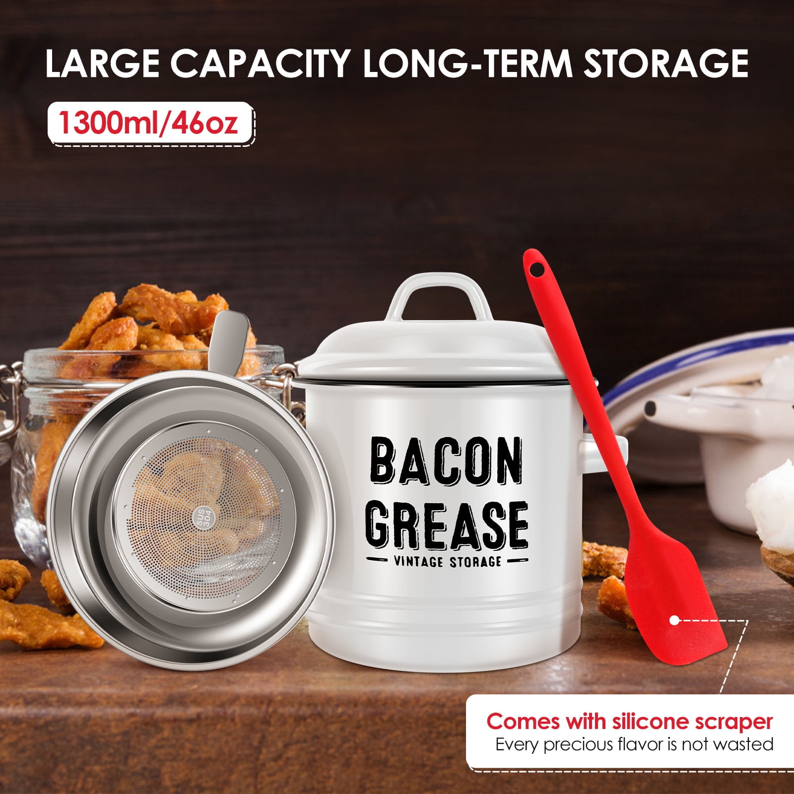 46oz Bacon Grease Container with Strainer with Food Safe Silicone Spatula Bacon Grease Saver Enamel Fat Container Keeper Recipe Dishwasher Safe,White