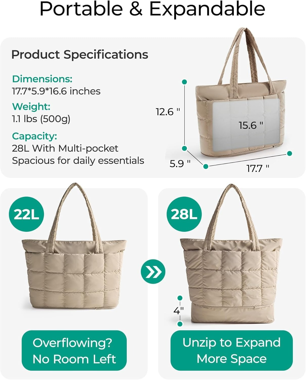 Omlopp Large Tote Bag for Women, Expandable Puffer Work Tote Handbag, Quilted Carry-On Travel Gym Bag-Desert