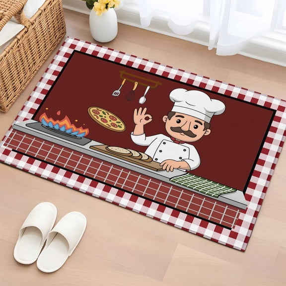 Rectangle Area Rug 2x3ft,Kitchen Cute Chef Cook Burgundy Red Plaid Washable Carpet Non-Slip Runner Accent Rugs Indoor Floor Mat for Bedroom Living Room Decor,Pizza Gourmet