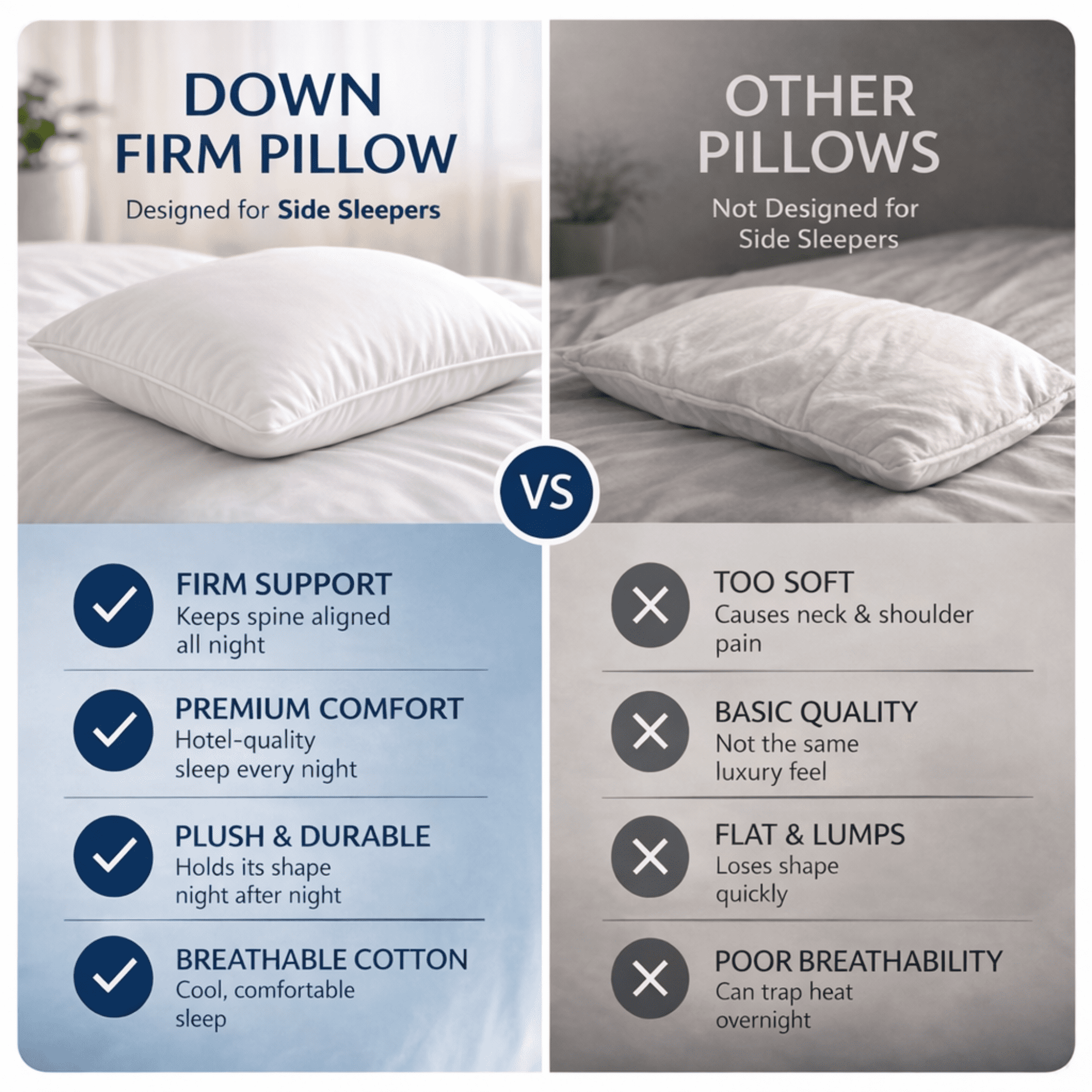 East Coast Bedding 100% White Down Luxury Pillow, 600 Fill Power, 300 Thread Count Cotton Shell, RDS Certified, Medium/Firm Loft, Standard