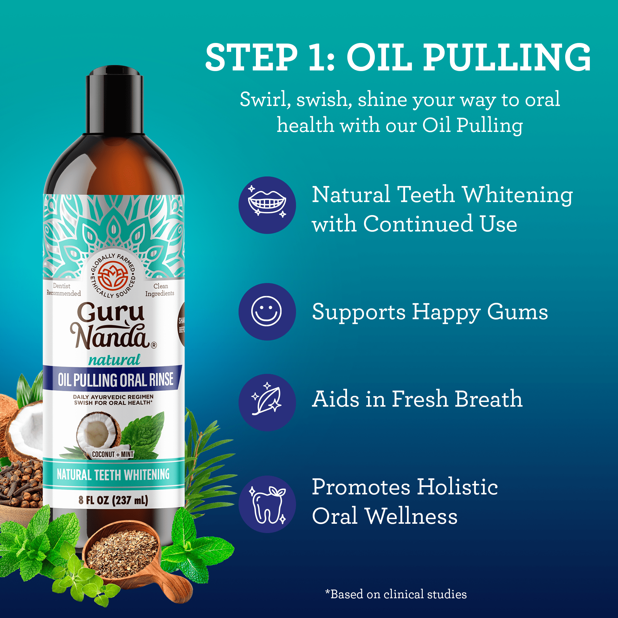 GuruNanda 7 Step Regimen 1.0 - Coconut Mint Oil Pulling, Mouthwash, Butter on Gums for Health Teeth & Gums