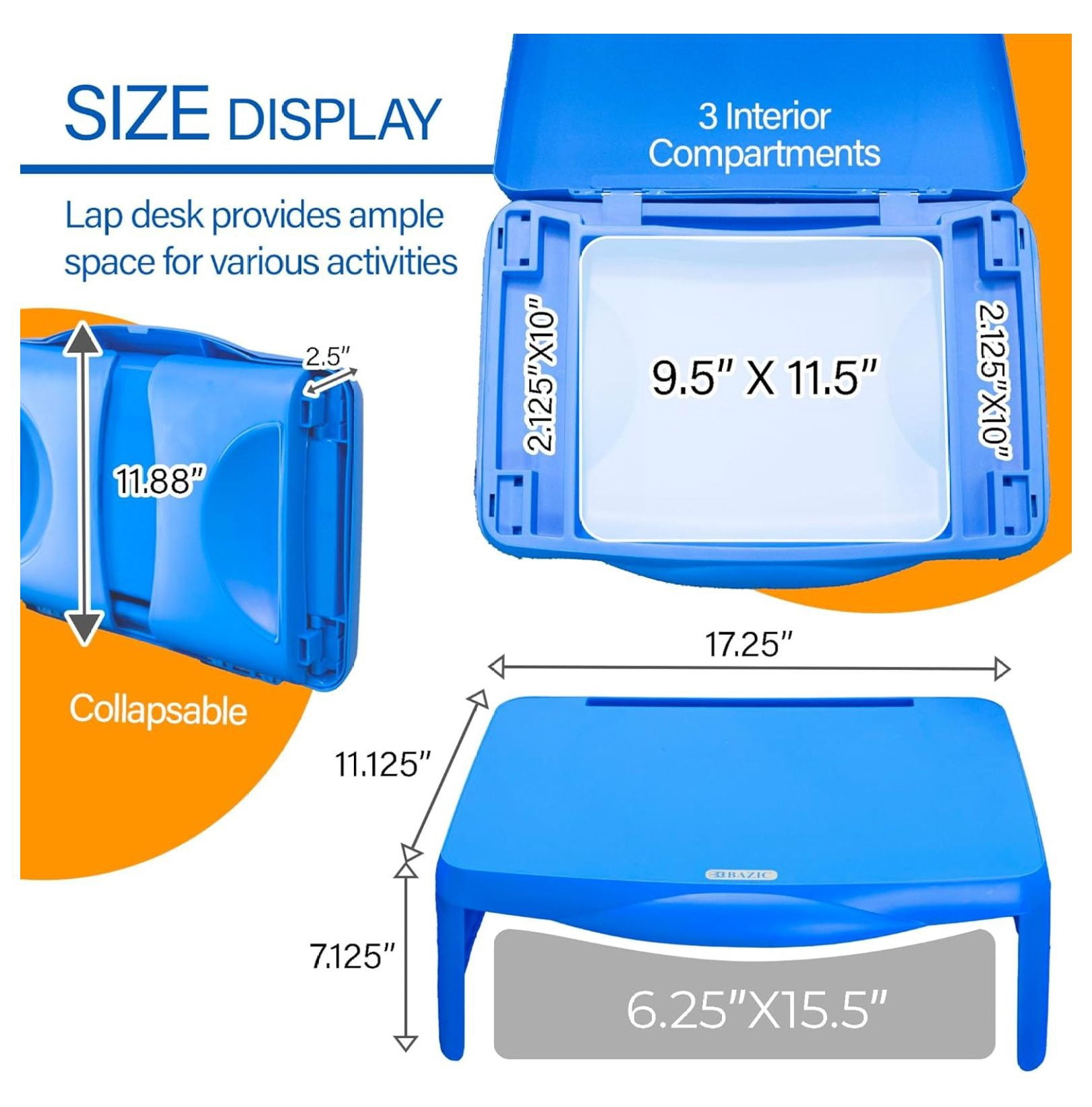 BAZIC Folding Lap Desk with Storage, Foldable Desk Collapsible Lap Table Laptop Tray, Portable Plastic Lapdesk for Drawing Writing Studying Eating, Assorted Colors, 3-Pack