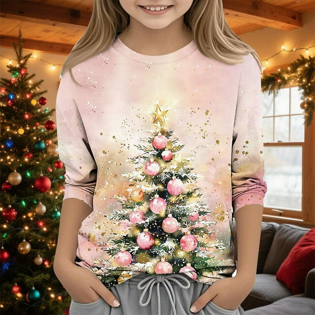 MKOSPLRT Hauts de Sapin de Noël pour Enfants 3-12 Ans Col Rond T-Shirts de Fête de Noël Manches 3/4 T-Shirts Graphiques Scintillants pour Fille Garçon