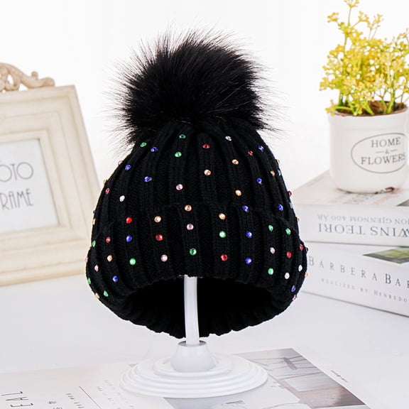 Hwmodou Toddler Winter Hat Children Baby Knitting Wool Hemming Hat Keep Warm Hiarball Rhinestone Cap Kids Beanie