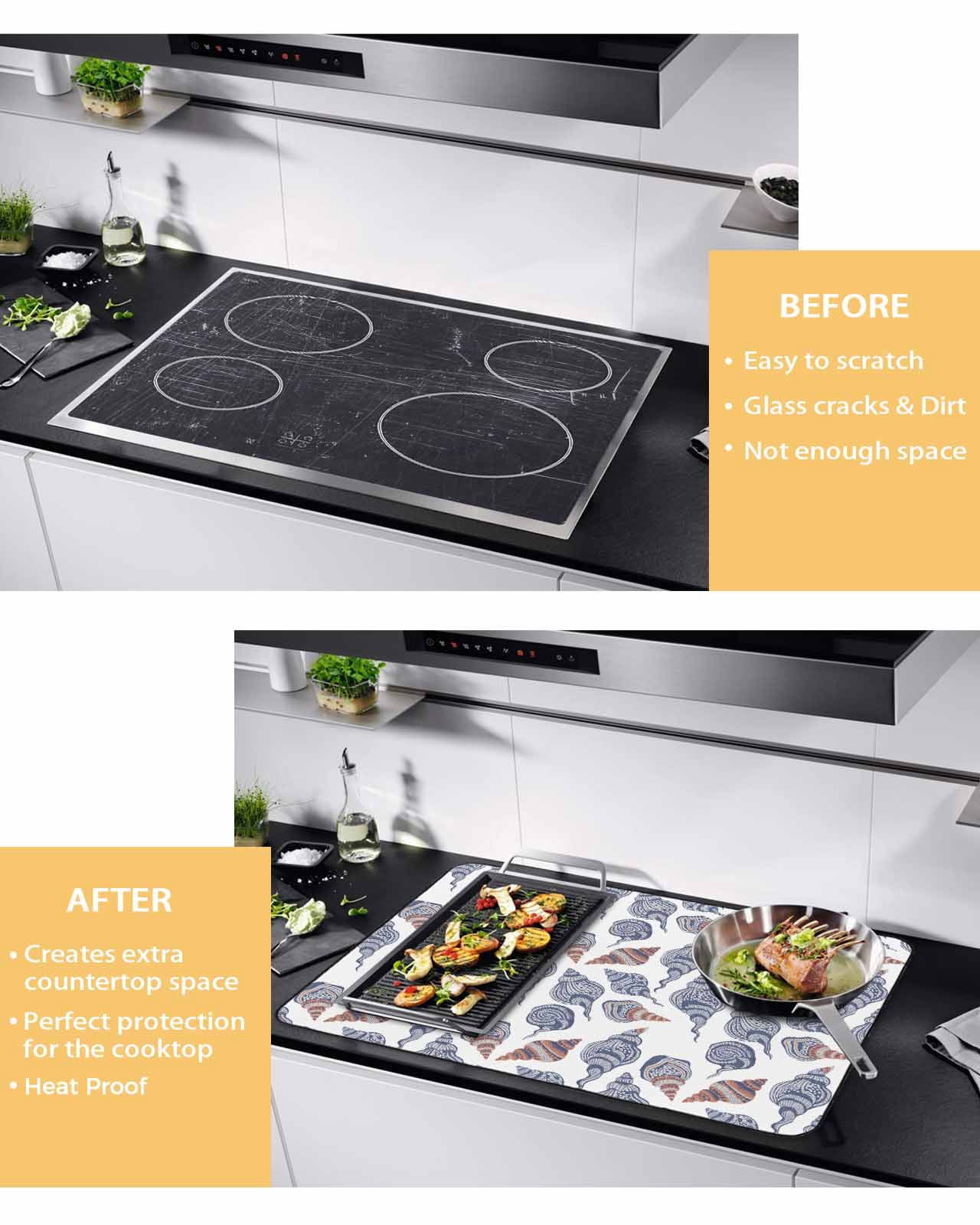 nqOlkjepod Large Induction Cooktop Protector Mat 36"x21", Grey Blue Coastal Stove Top Covers for Electric Stove, Summer Beach Conch Nautical Decorative Stove Burner Cover Mats, Glass Top Stove Cover