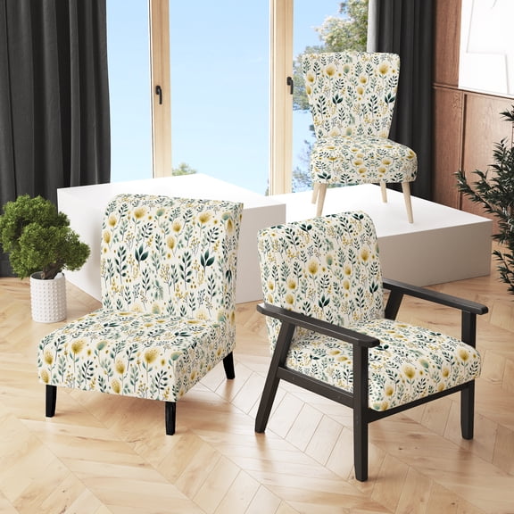 Designart "Botanical Charm: Minimalist Green & Yellow Florals II" Green Floral Upholstered Accent Chair - Cottage Arm Chair For Living Room