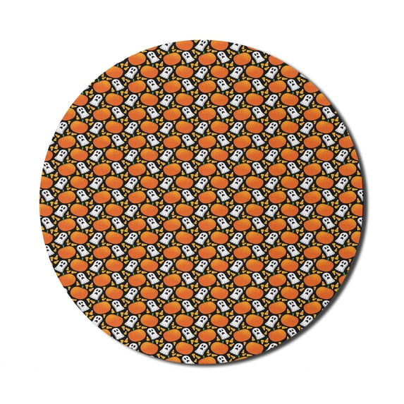 Halloween Mouse Pad for Computers, Repetitive Spooky Elements Ghost and Pumpkins, Round Non-Slip Thick Rubber Modern Gaming Mousepad, 8" Round, Marigold Fern Green, by Ambesonne