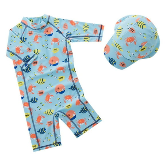 Hienoo Toddler Boys One-Piece Swimsuit Crab Print Long Sleeve Rash Guard Surfing Suit Bathing Suit with Hat
