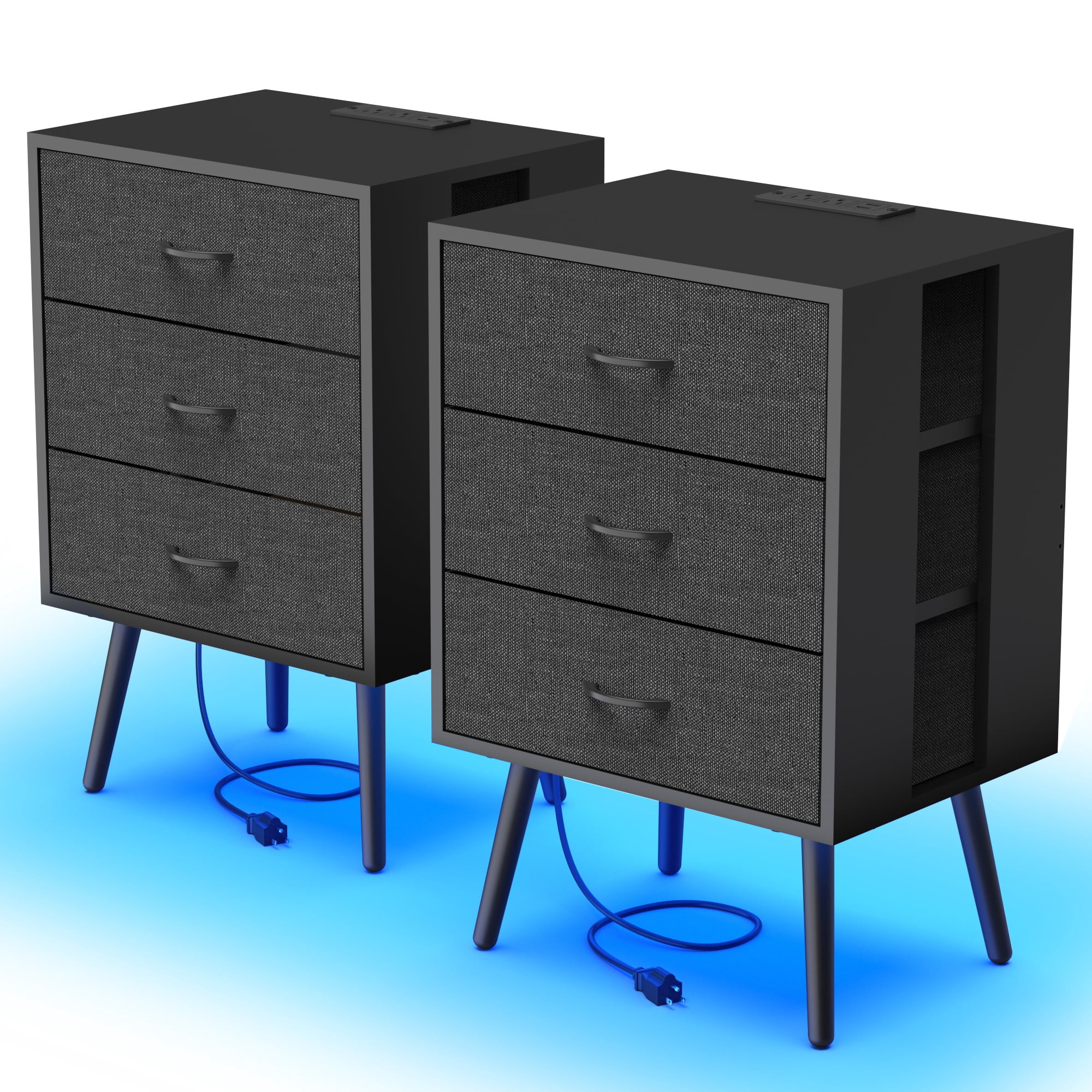Nightstand Set of 2, Holaki Nightstand for Bedroom with Charging Station, Modern Nightstand with 3 Storage Drawer & 20 Colors LED Lights, Bedside Table for Living Room, Black