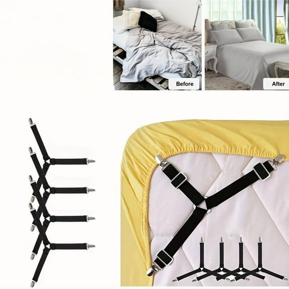 4-Pack Adjustable Triangle Quilt Fixers – Elastic Non-Slip Straps with Metal Clips for Securing Bed Sheets, Quilts, Mattress Covers & Sofa Cushions
