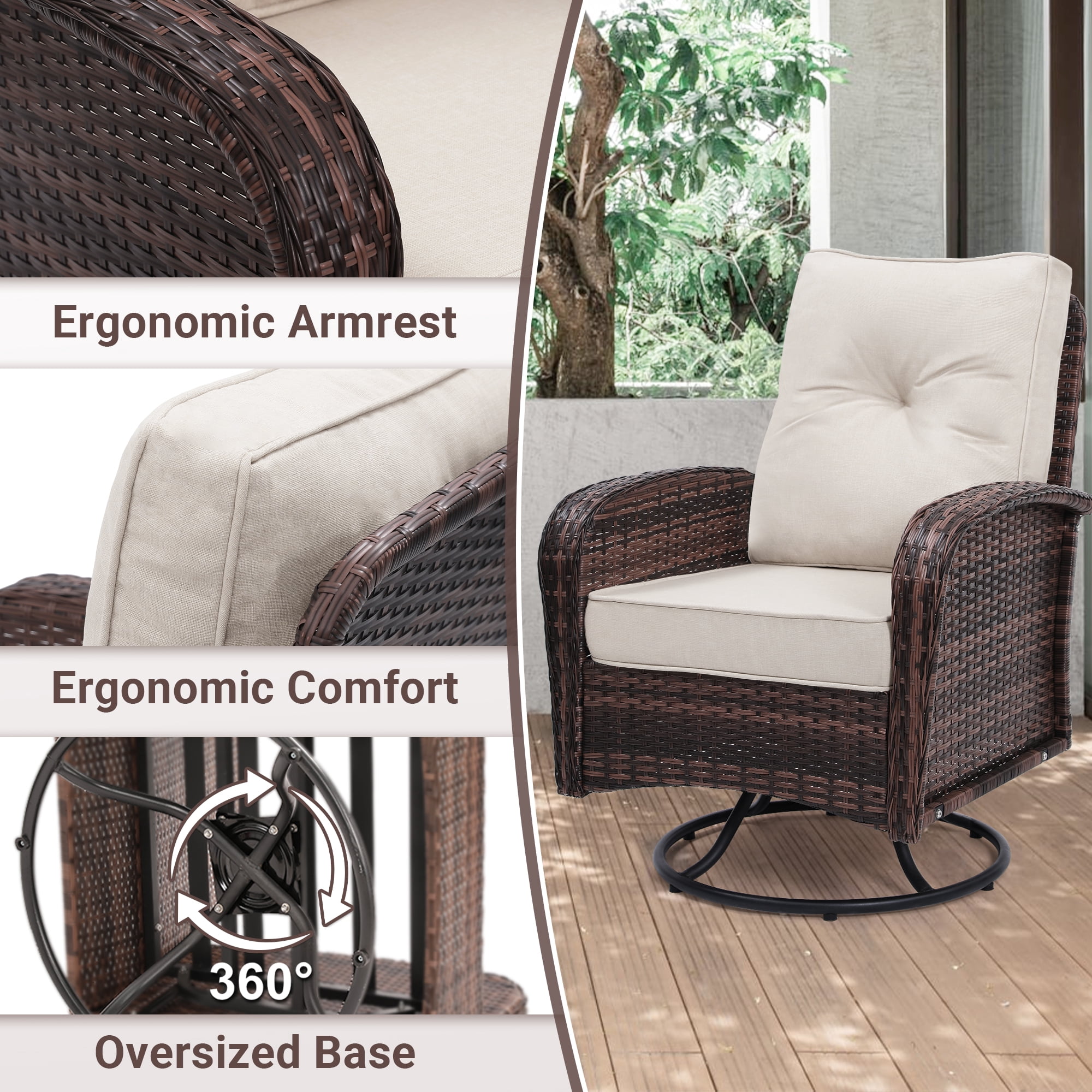 Melocadol Patio Wicker Glider Set, 2 Swivel Chairs with Matching Table, Comfy Washable Seat Cushions, Premium Outdoor Furniture for Garden, Balcony, Brown Rattan， Beige Cushions