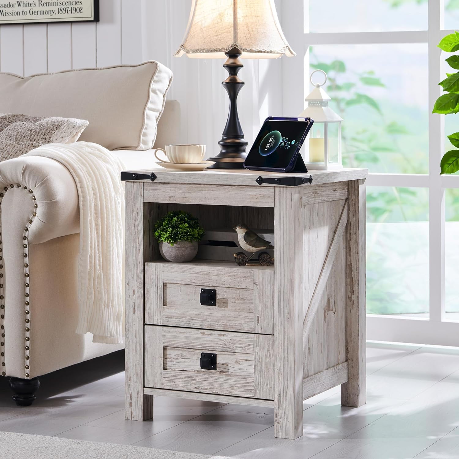 OKD Farmhouse Nightstand Set of 2 with Charging Station, 2-Drawer End Table, Antique Brush White