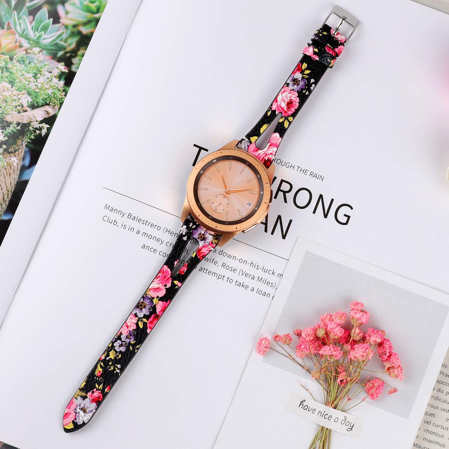 TOYOUTHS Leather Bands Samsung Galaxy Watch 42mm/Galaxy Active 2 Strap  Women Men Wristband for Gear S2 Classic/Gear Sport 20mm (Black/Pink Floral)