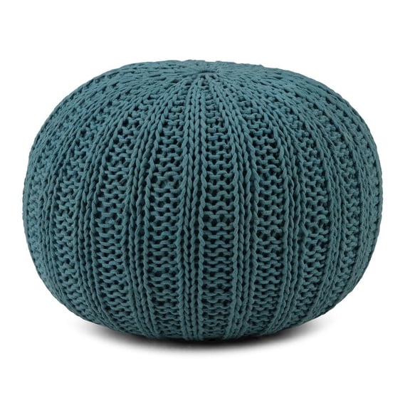 Simpli Home Simpli Home Shelby Boho Round Hand Knit Pouf in Teal Cotton
