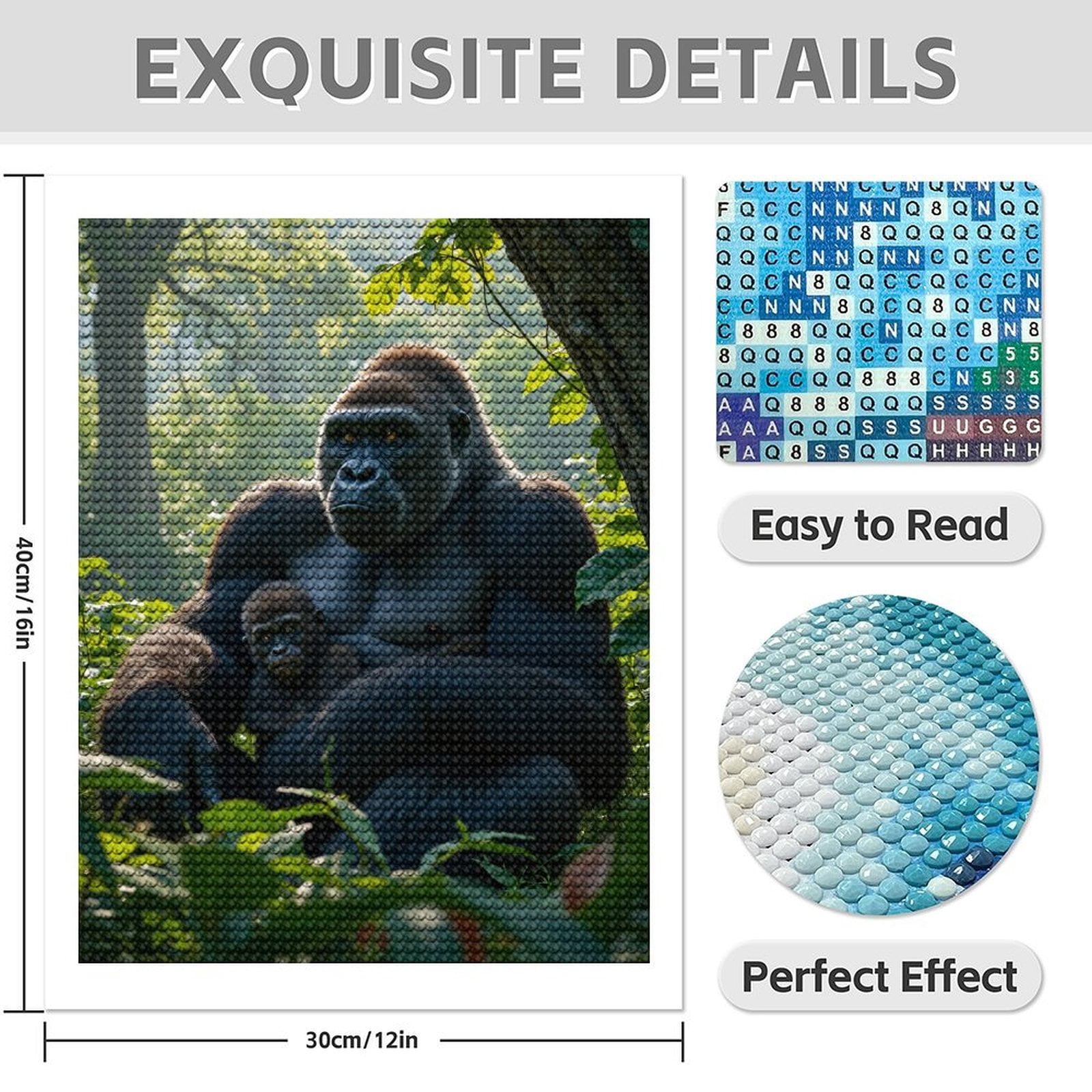 Diamond Art Kit for Adults, Gorilla Family In Lush Jungle Diamond Painting for Adults Beginners, DIY Diamond Art Painting Kits, 5D Diamond Painting Crafts for Home Decor 12x16 Frameless